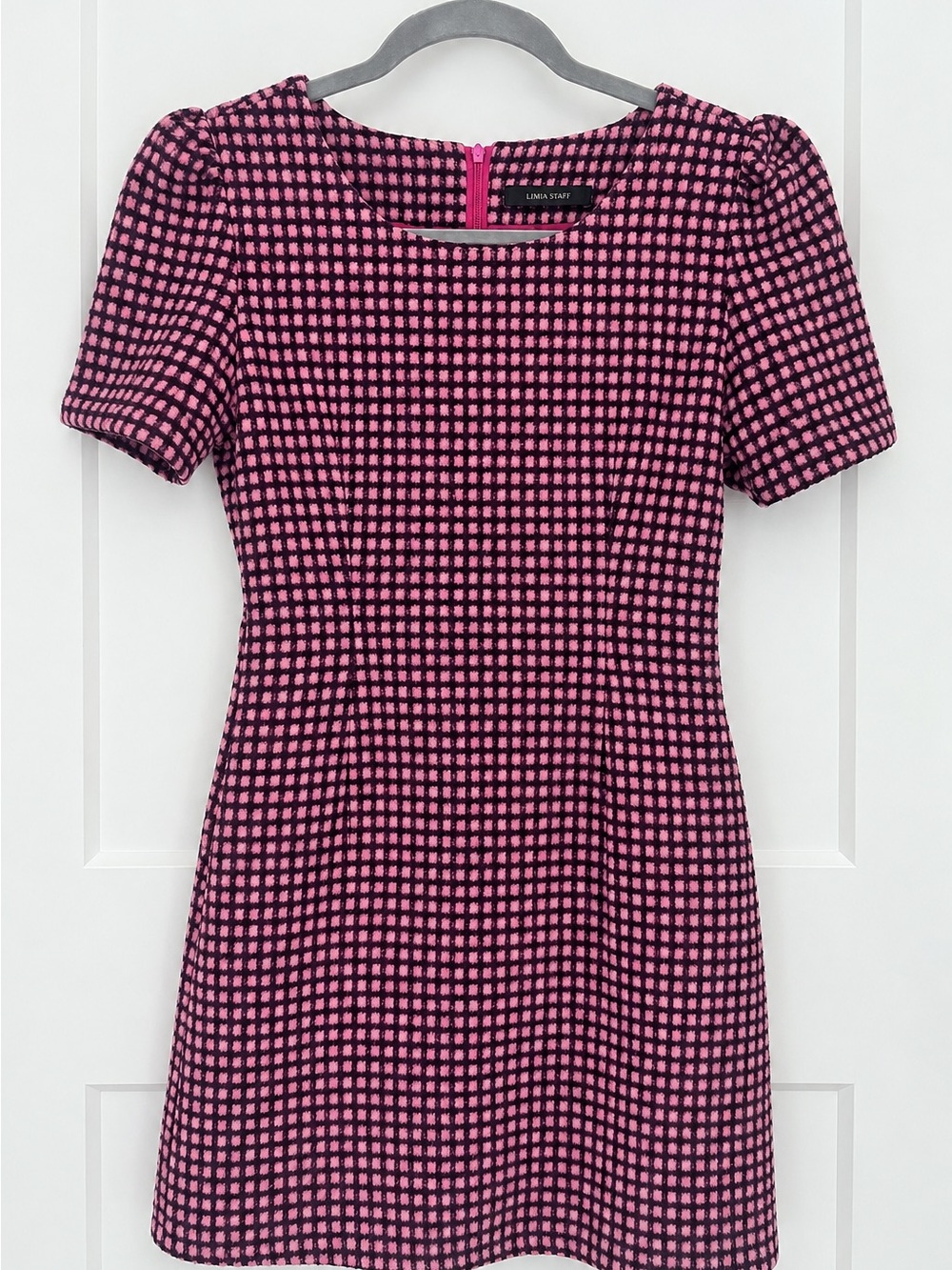 Pink & Black Check Puff-Sleeve Women's Top